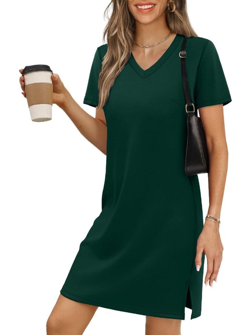 Women Green Polyester Blend Short Sleeve V Neck Pull On Casual Mini Dress